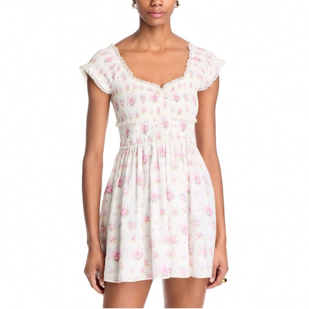 LoveShackFancy Sionaβ Floral Lace Trim Dress Thulian Pink Cotton Mini Smocked M